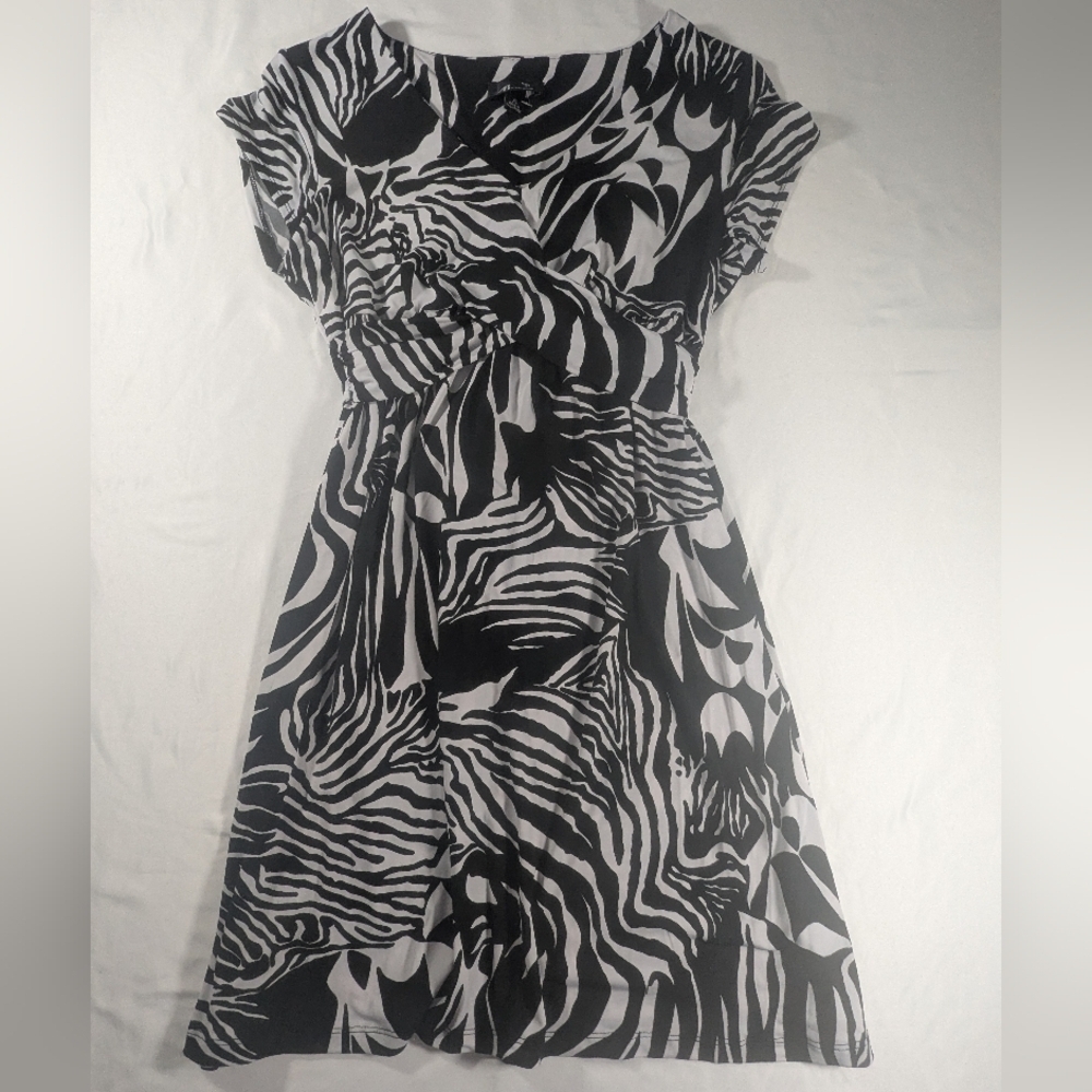 AB Studio Monochrome Zebra Pattern Fit & Flare V-Neck Short Sleeve Dress Size XL